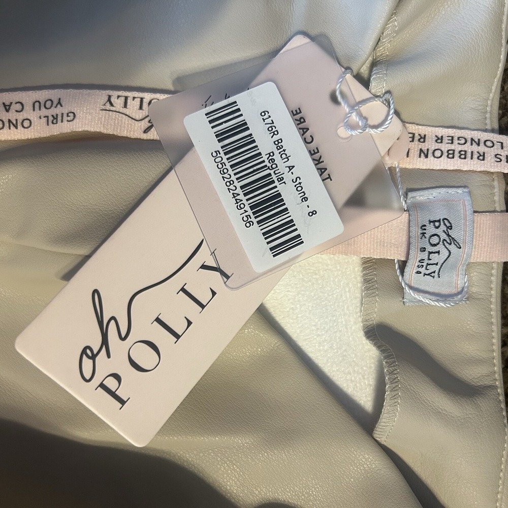 Oh Polly V Front Faux Leather Flare Trousers Stone Beige 6176R Size US 4 UK 8 - Picture 3 of 5